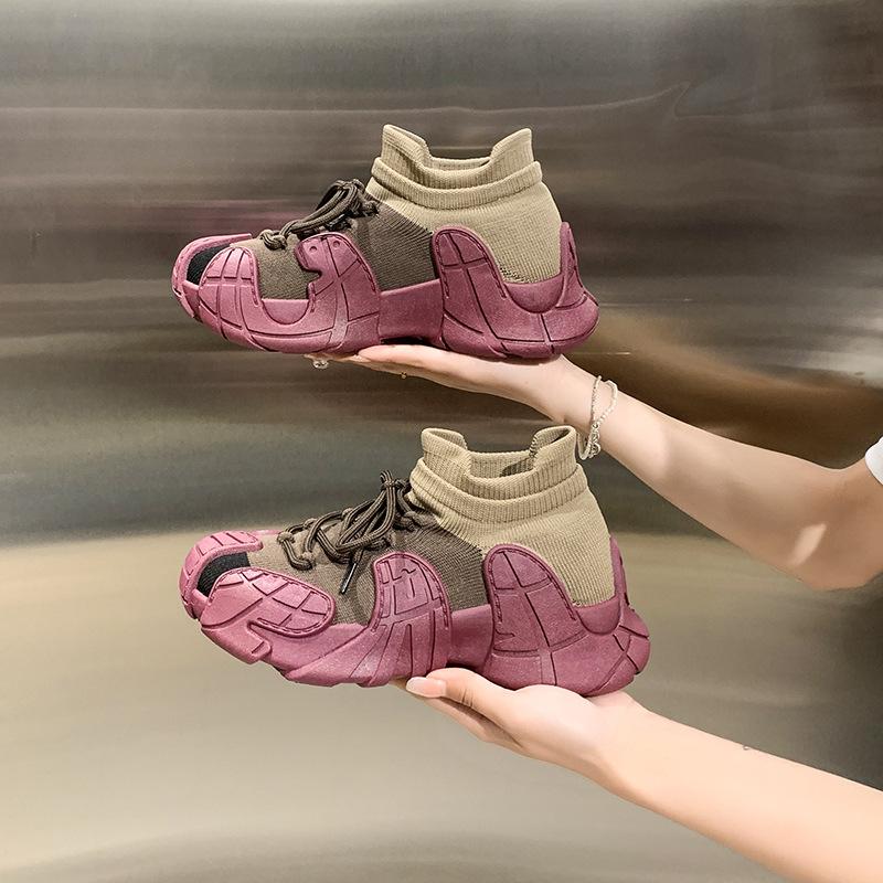 Elastic socks shoes women's 2025 new spring and autumn thick-soled fly-woven sports shoes lightweight running casual dad shoes