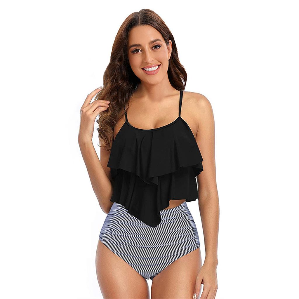 Damen Rüschen Volant Oberteil Hohe Taille Bikini Set Zweiteilig Bauchkontrolle Dezent Bedruckt Sommer Strand Badeanzug Bademode