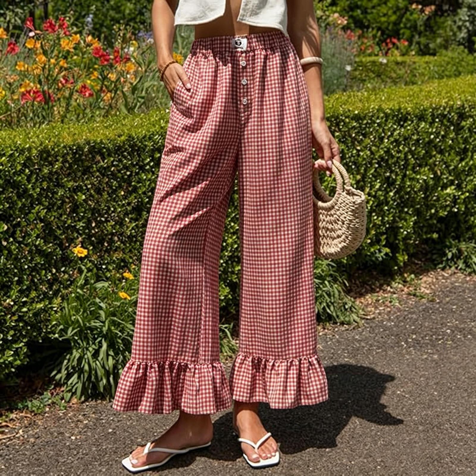 

Women s Wide Leg Pants, Elastic Waist Plaid Trousers With Ruffle Hem And Button Detail S червоний