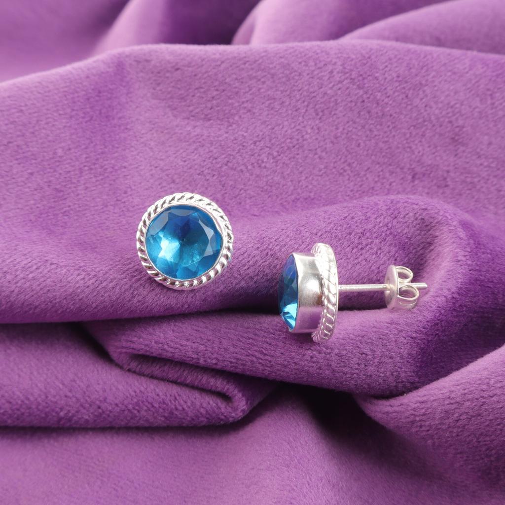 Round Natural Swiss Blue Topaz 925 Sterling Silver Wife Gift Stud Post Earrings EE-147-5