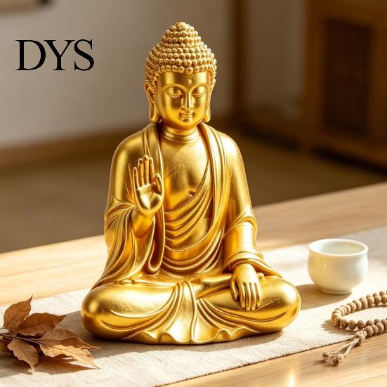 Decoratief Boeddha Ornament voor Woonkamer 3D Geprint Gouden Beeldje, Zittend Shakyamuni Figuurtje, Beeld Sculptuur Meditatie Decoraties met Serene