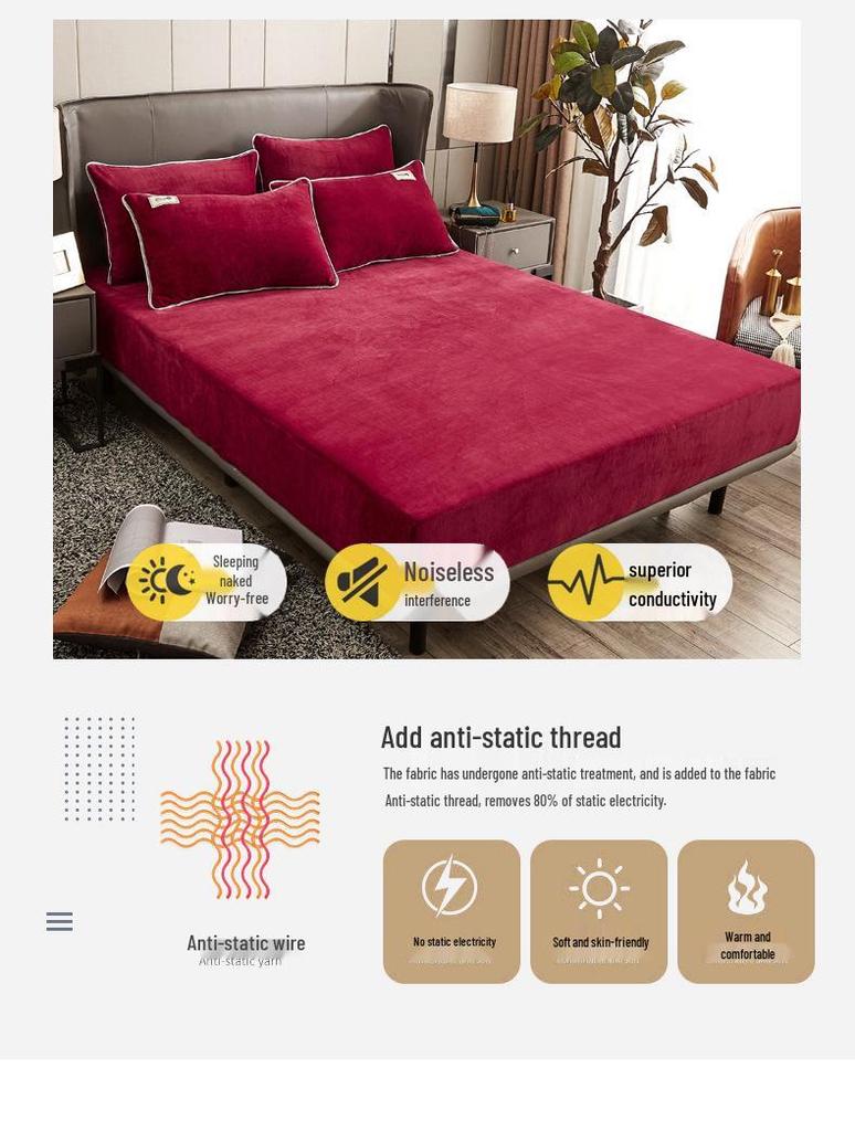 Solid Color Crystal Velvet Fitted Sheet Set - Single Piece Bed Sheet with Mattress Protector
