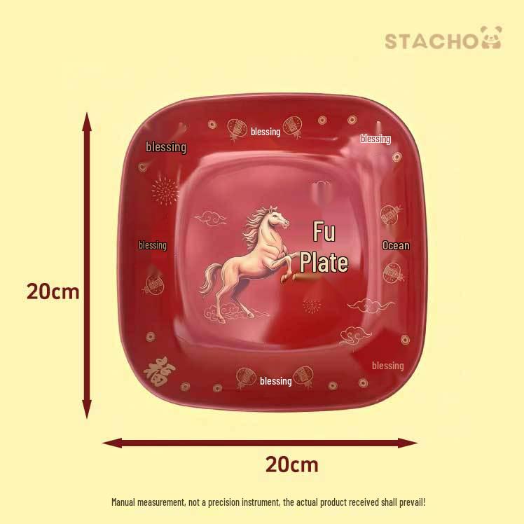 

20cm Food-Grade Imitation Enamel Plate for Snacks and Fruits Year of the Horse Fortune Plate [Food-grade]