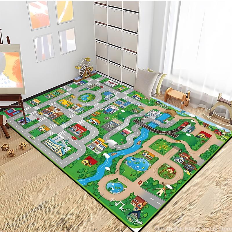 Kids Road Traffic Carpet Cartoon Car Toys Area Rug for Boys Girls City Life Educational Rugs Baby Room Bedroom Nursery Play Mat