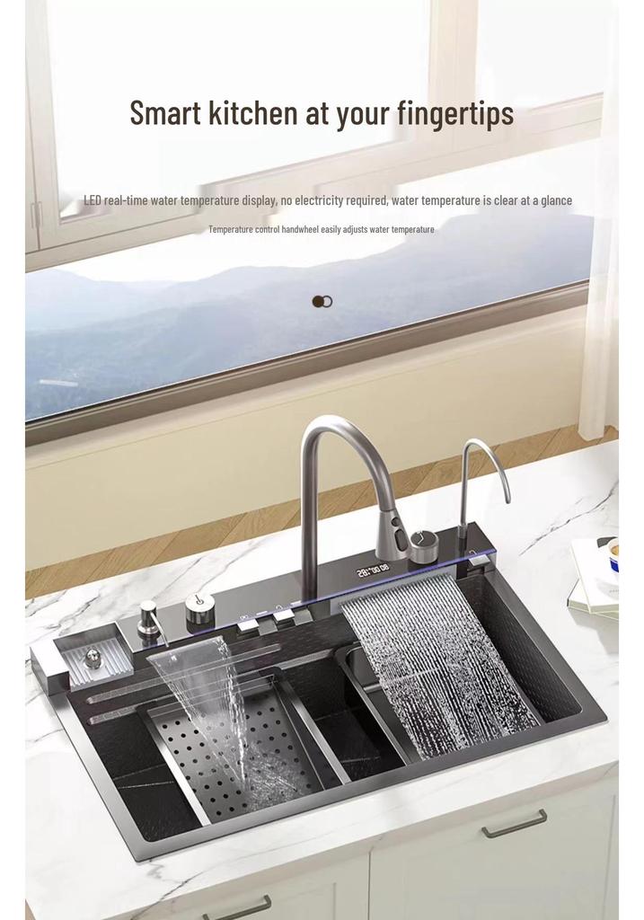 Large Single Bowl Kitchen Sink: 304 Stainless Steel Digital Display with Nano Honeycomb & Waterfall Features
