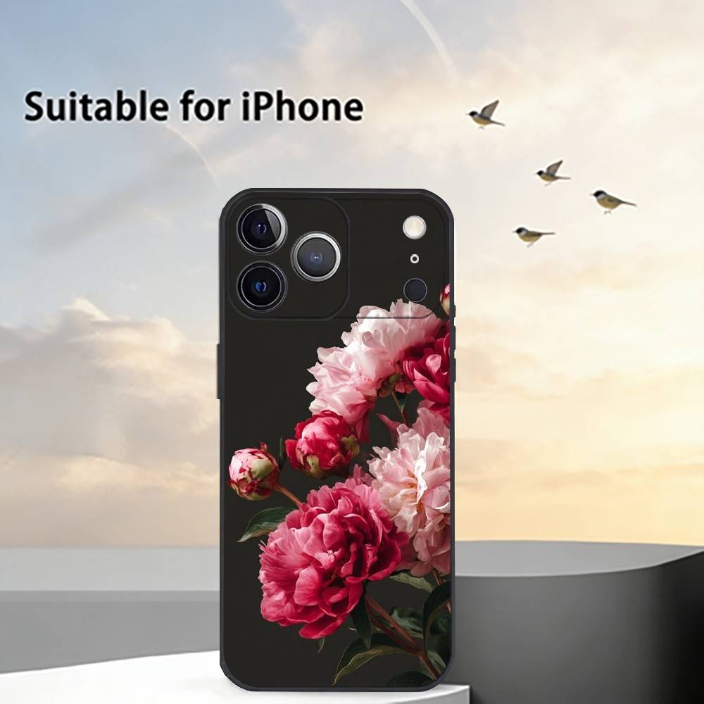 Elegant Peony F-Flower Phone Case For iPhone 17,16,15,14,13,12,11 Plus,Pro Max,XS,Soft Silicone Black Cover