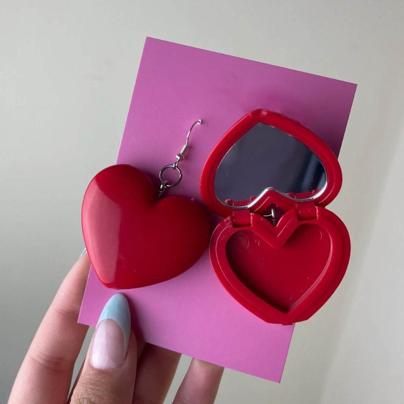 Minimalist Red Heart Earring with Mirror Pendant Hook Earring Jewelry Gift Acrylic Cosmetic Case Dangle Earring Women
