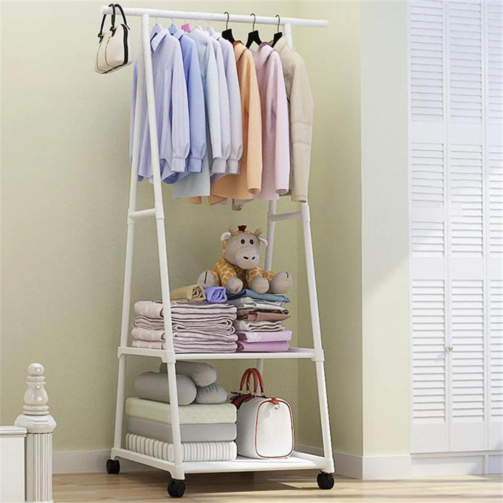 Clothes Rack 2-Tier Storage Shelves Stainless Steel Rolling Garment Rack Organizer with Wheels 2 Coat Hooks for Shoes Clothing