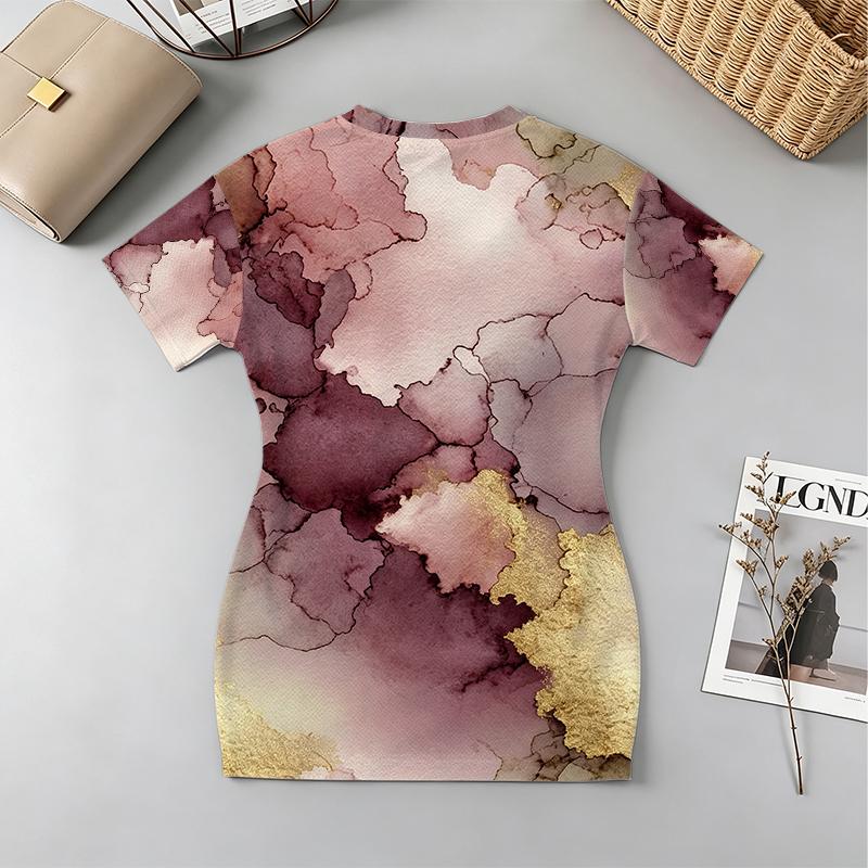 Women's Short Sleeve V-Neck Dress,Abstract Art Print,Soft Skin-friendly,Form-fitting Waist,Beach Vacation Casual Commute