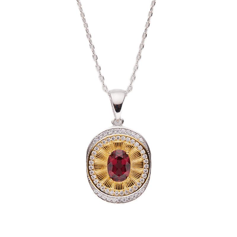 Whole Body S925 Sterling Silver Natural Colored Treasure Necklace, High-End Light Luxury Oval Pendant, Female Classic Retro Round Brand