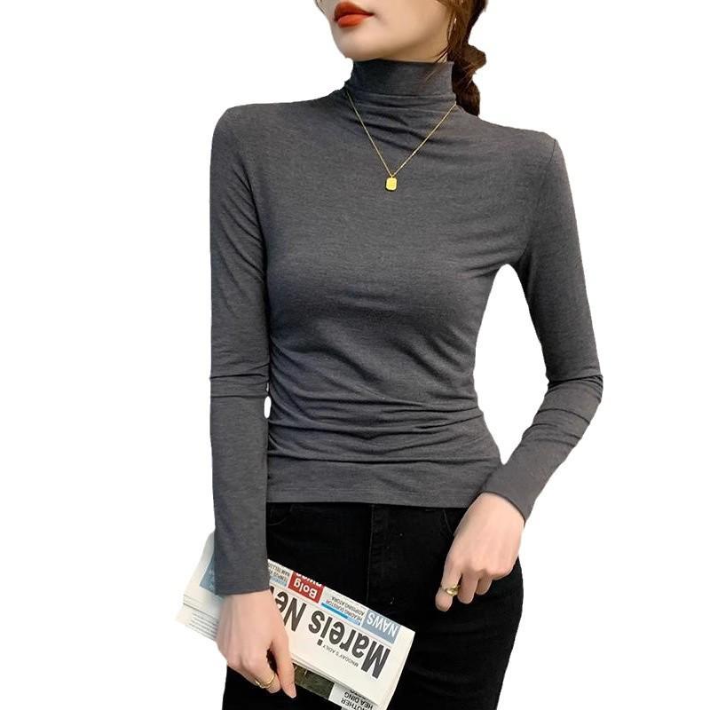 Dámský černý modální top s dlouhým rukávem, slim fit, rolákový základ pro jaro, podzim, zimu 2024.