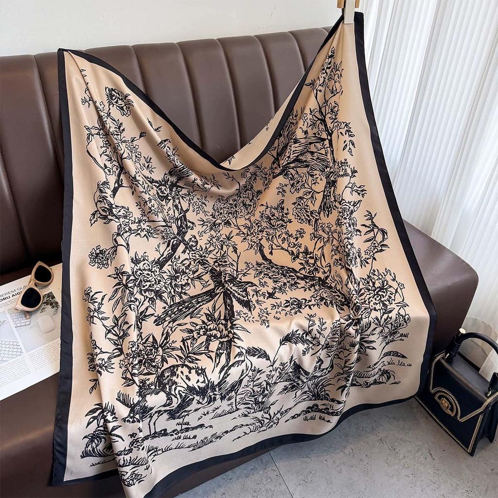French Retro Women Printed Square Scarves Head Echarpes Twill Silk Foulards Femme Wraps Beach Shawls Bandana Lady Hijabs 90CM