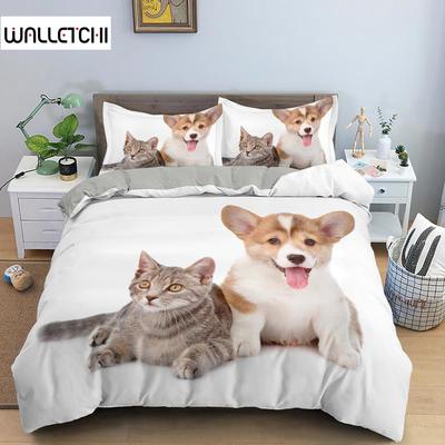 Dog and Cat Duvet Cover Set Queen Size Animal Theme Twin Bedding Set for Kids Boys Girls Microfiber 3D Puppy Kitten Quilt Cover