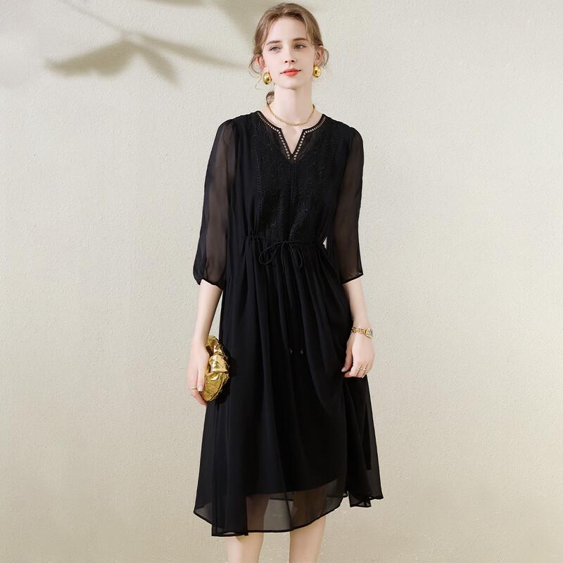 TUHUANG Women s Mulberry Silk V-Neck Embroidery Hollow Out Midi Dress L