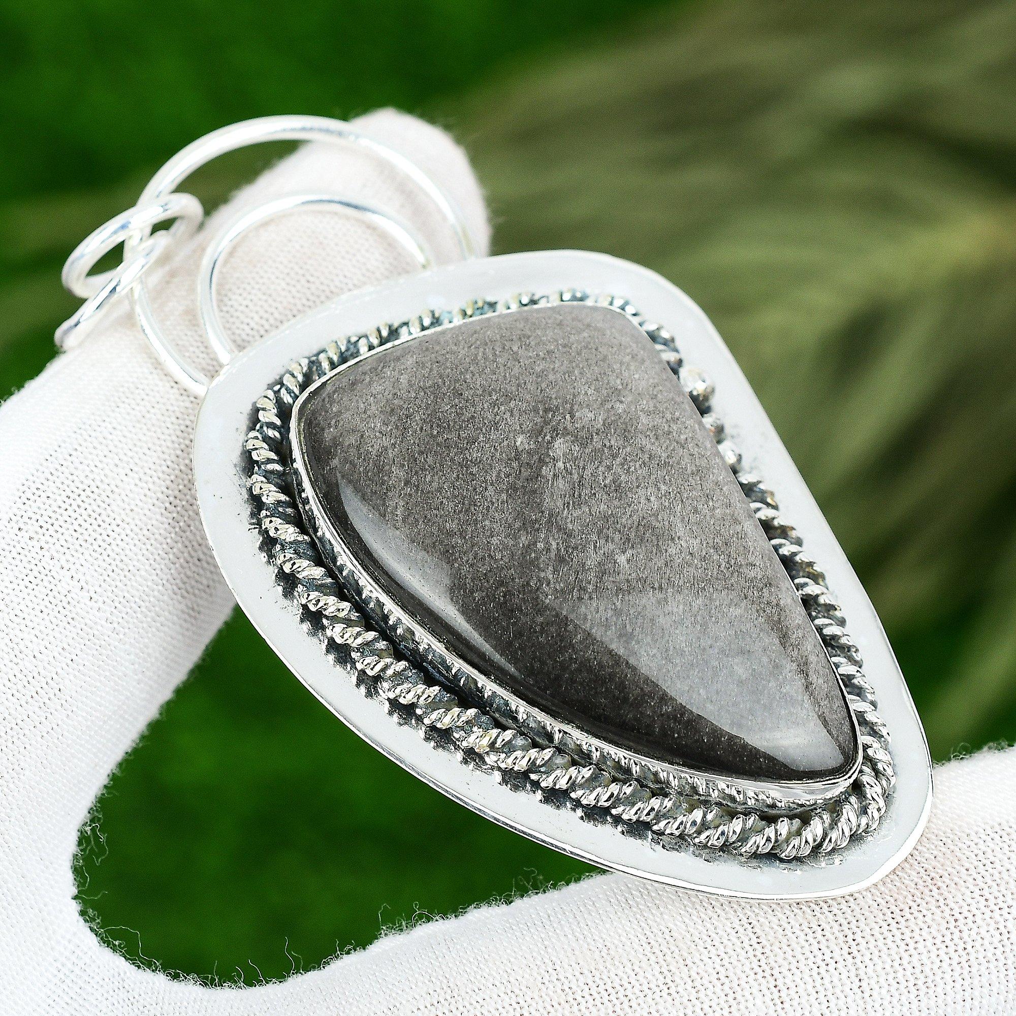 

Sisters Day Deal Silver Sheen Obsidian Stone 925 Silver Anniversary Boho Pendant