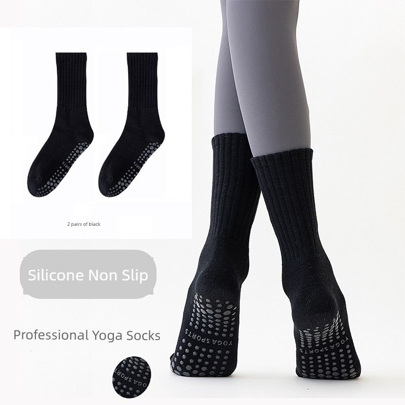 

Женские носки для йоги средней длины, нескользящие силиконовые, для фитнеса в помещении, танцев, пилатеса, спортивные, взрослые носки для пола 2 pairs of full finger Terry Knee Socks [black]]