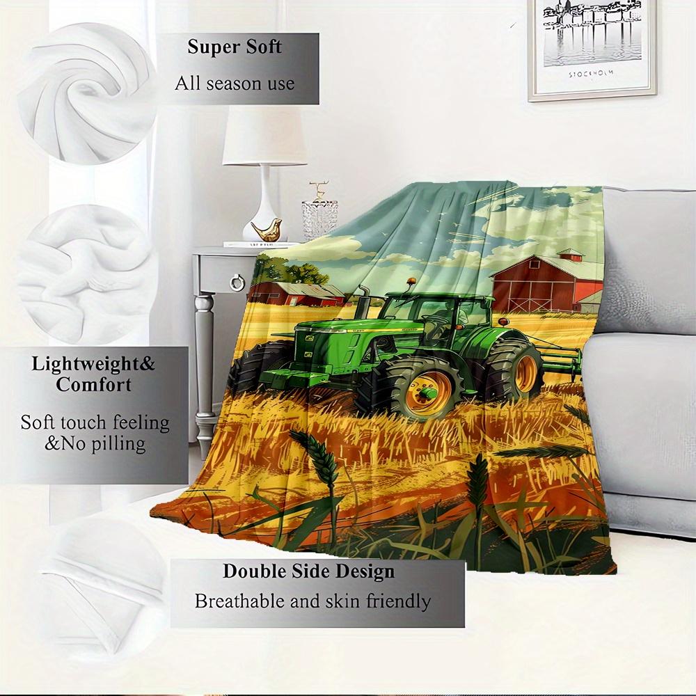 For Tractor,Farm,Harvest-Themed Flannel Blanket, Glam Style, Digital Print, All-Season Comfort, Tear-Resistant, Knitted Craftsmanship, Polye