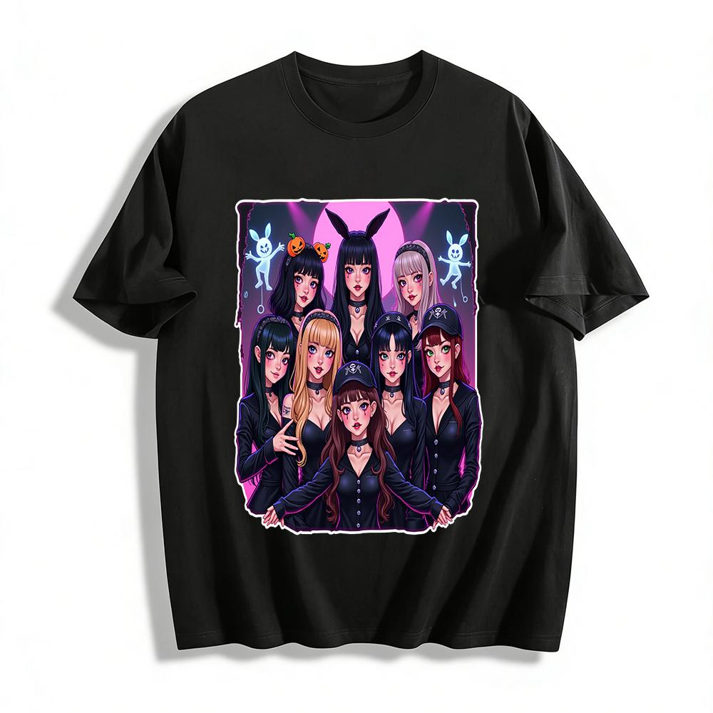 

Halloween Dark Girl Group Print Long Sleeve Top Gothic Anime Style Casual T-Shirt for Women Pure cotton T-shirt XXS