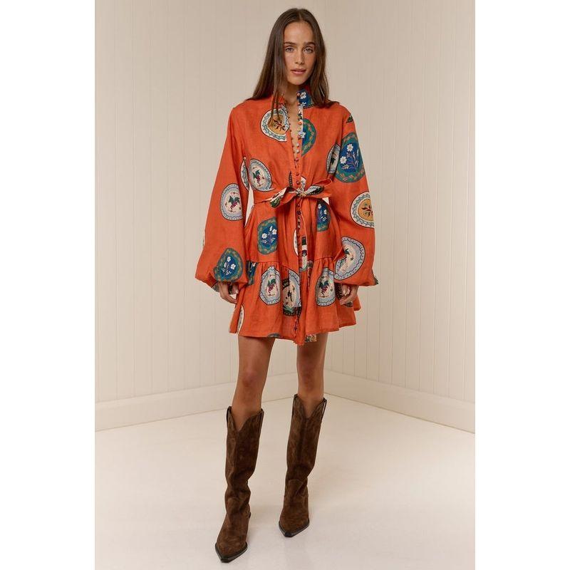 

Printed Lace up Dress European and American New Fashion Casual Linen Print Vacation Lace-up Dress Orange Red S