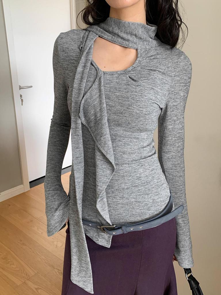 LOOPIN Spring Asymmetrical Textured Ruffled Knit T-shirt for Women