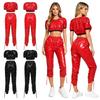 Completo Crop Top Lucido Impermeabile e Pantaloni Capri da Donna Manica Corta Vita Elastica Coulisse sui Lati delle Gambe per Allenamento Festa