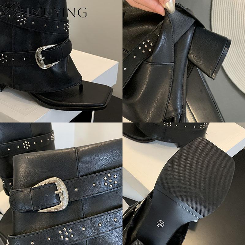 Fashion Brand Designer Shoes Woman Heeled Sandals Summer Ankle Boots Flip Flops 2025 New Clip Toe Square High Heels Leather Goth Chunky