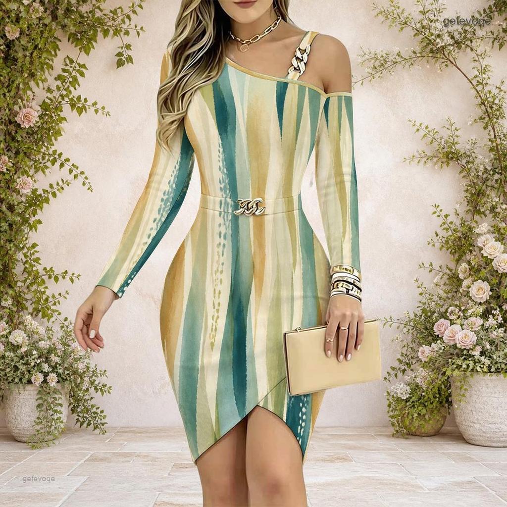 Women Plus Size Chain Strap Cold Shoulder Long Sleeve Striped Printed Asymmetrical Hem Bodycon Dress