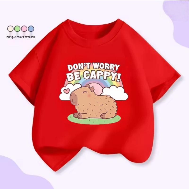 Unisex Kids’ Cute Capybara Milk Tea Cartoon T-Shirt - Loose Summer Casual Short Sleeve Top
