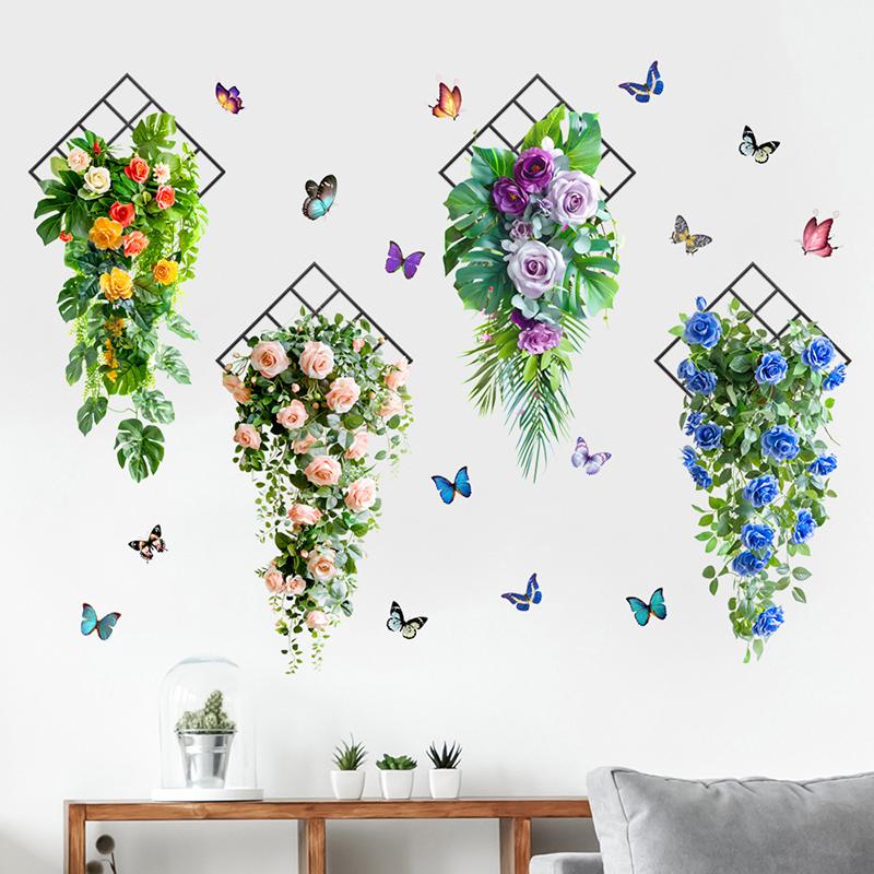 Butterfly Flower Vine Green Plant Self-Adhesive Waterproof Wall Stickers Living Room Bedroom Decorative Painting