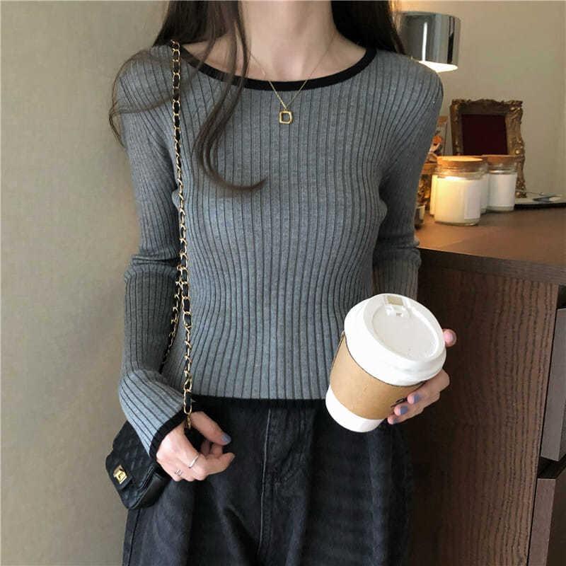 Autumn Korean Style Contrast Color Ribbed Long Sleeve Knitwear Women's Slim Fit Inner Base Layer Top