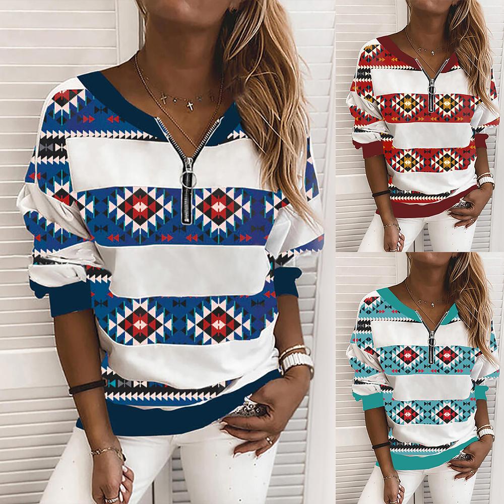 Buy Ladies Sweatshirt Geometric Print Zip Collar Long Sleeve Top V Neck
