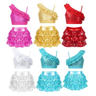 Girls Dance Performance Outfit Asymmetrical Shoulder Straps Sequin Ruffle Crop Top Tiered Ruffle Culottes Set