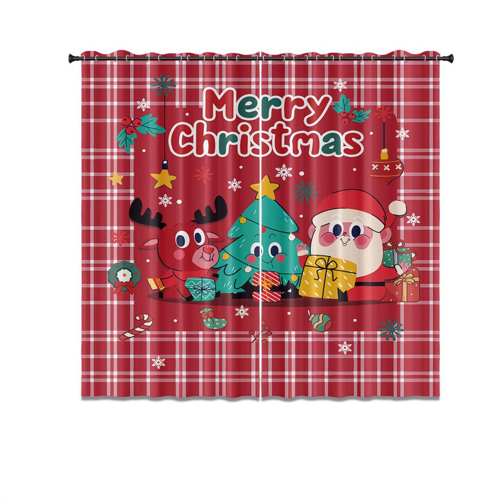 2pcs Christmas Snowman Checkered Print Blackout Curtains Multi Size Living Room Insulation Holiday Decoration Easy Installation