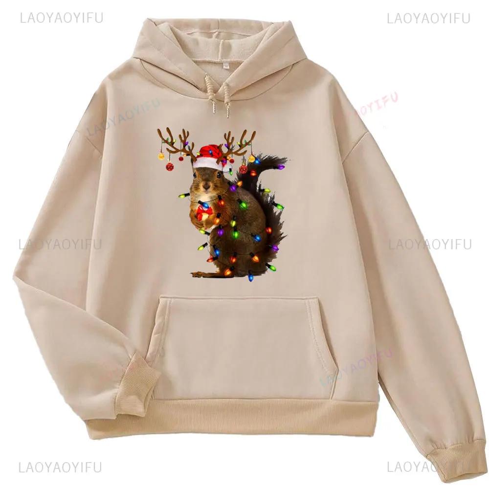 Christmas Squirrel Lights Sweatshirt Xmas Squirrel Hoodie Women Long Seleeve Sweater Santa Squirrel Gift Cute Christmas Sweater