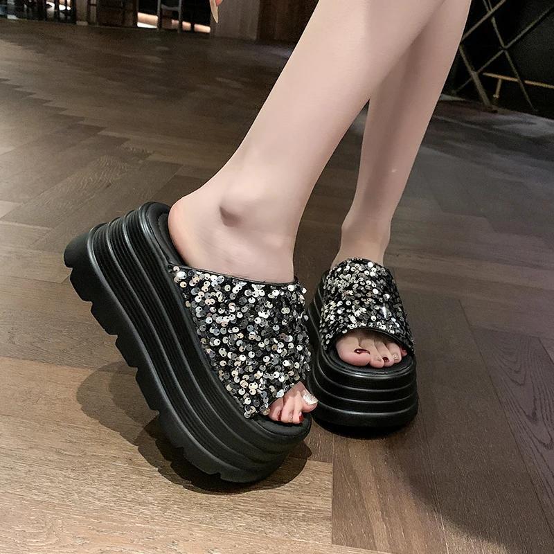 Fashion 8CM Thick Bottom Summer Bling Slippers Women's Sandals Women Wedges High Platform Flat Shoes Woman Beach Open Toed Flip Flops