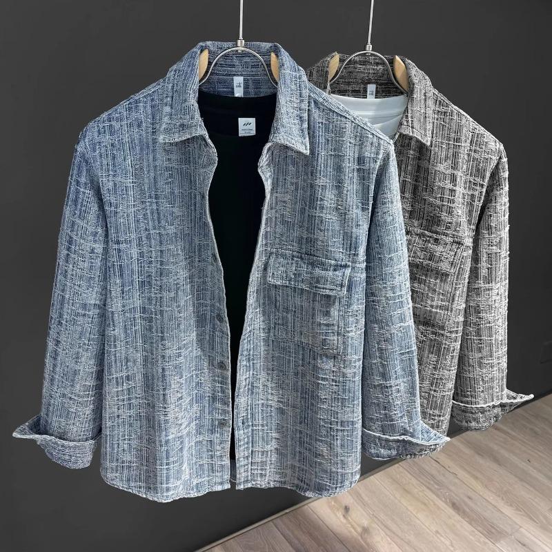 

Men s Spring Autumn Textured Button Down Shirt Long Sleeve Casual Denim Style Shirt M синий