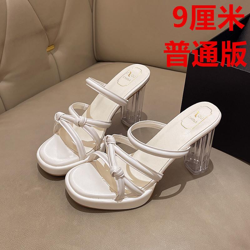 High heels women's new transparent one-word strap crystal heel slippers round head waterproof table outer slippers in summer 2025
