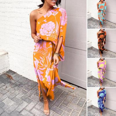 Dames Maxi Jurk met Eén Schouder Vleermuismouwen Bloemenprint Split Lange Jurk Geplooide Hoge Taille Cocktailparty Jurk