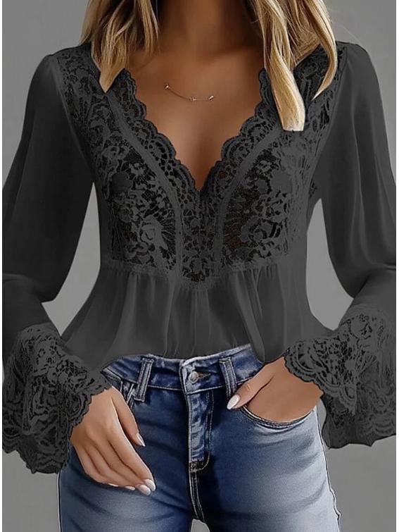 Camisa de Encaje Floral con Escote en V y Mangas Acampanadas para Mujer Europea y Americana, Edición 2026