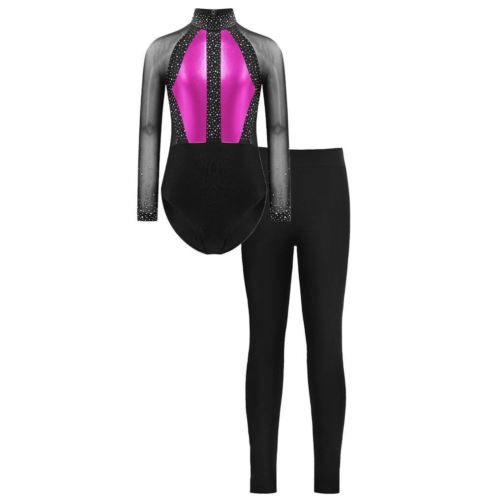 Κολάν με Ριπίδια και Στρας για Κορίτσια, Color Block, Patchwork, Διχτυωτό, Μακρυμάνικο, Σετ Γυμναστικής