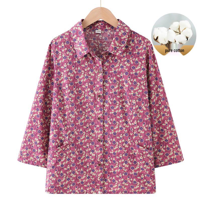 YUZHAOLIN Pure Cotton 3/4 Sleeve Lapel Shirt for Elderly Women 4XL