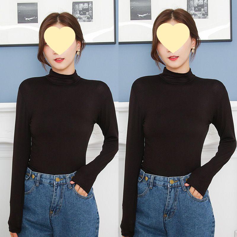 Spring Autumn 2025 Women's Modal Semi-High Neck Long Sleeve Solid Color Plus Size T-shirt - Versatile and Fashionable New Style