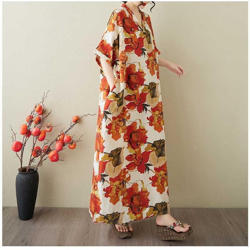 Women's Vintage Long Dress with Cotton and Linen Patterns