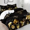 3Pcs Black And Golden Flowers Butterfly Floral Digital Print Quilt Cover Set, Breathable Polyester Zipper Closure