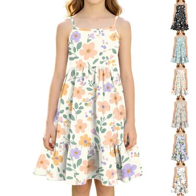 Girls Casual Princess Floral Print Spaghetti Strap Sleeveless Dress for Summer