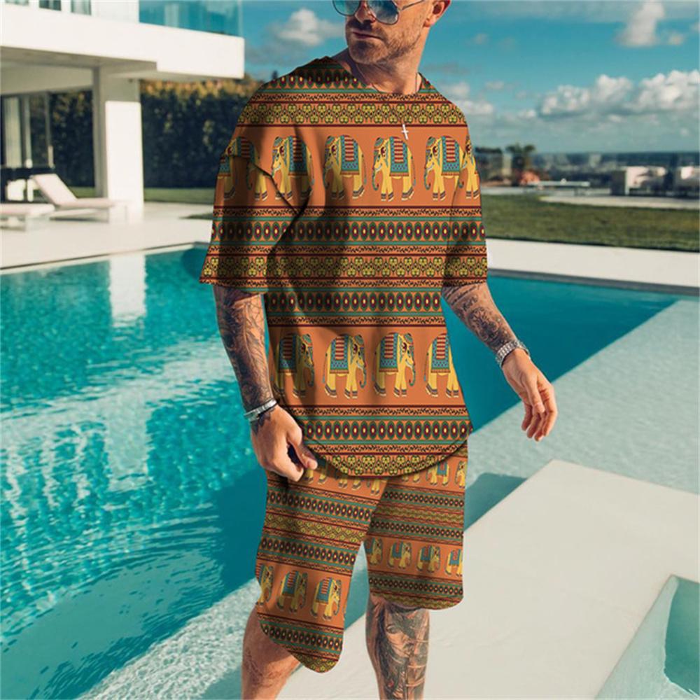 Summer Trend Men's Casual Beach Shorts Short Sleeve Suit 3d Printed Color Gradient Retro O Collar 2 Piece Set Fashionable Casual