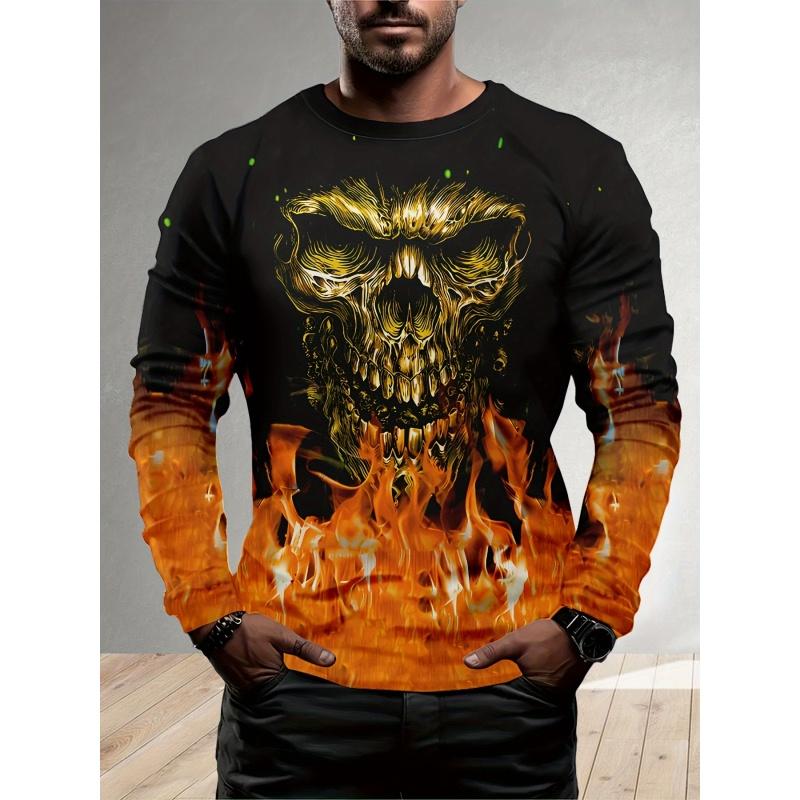 Niedliche abstrakte Monster-Muster T-Shirts für Männer Coole Totenkopf 3D-Druck T-Shirts Herbst Lässige lockere Rundhals-Tops Langarm