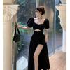 Official picture French Hepburn style black dress women's collar bubble sleeve skirt waist hollow split temperament long dress
