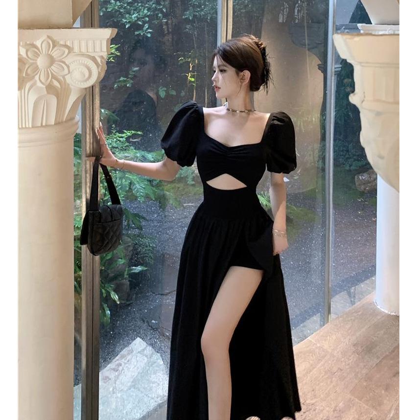 Official picture French Hepburn style black dress women's collar bubble sleeve skirt waist hollow split temperament long dress