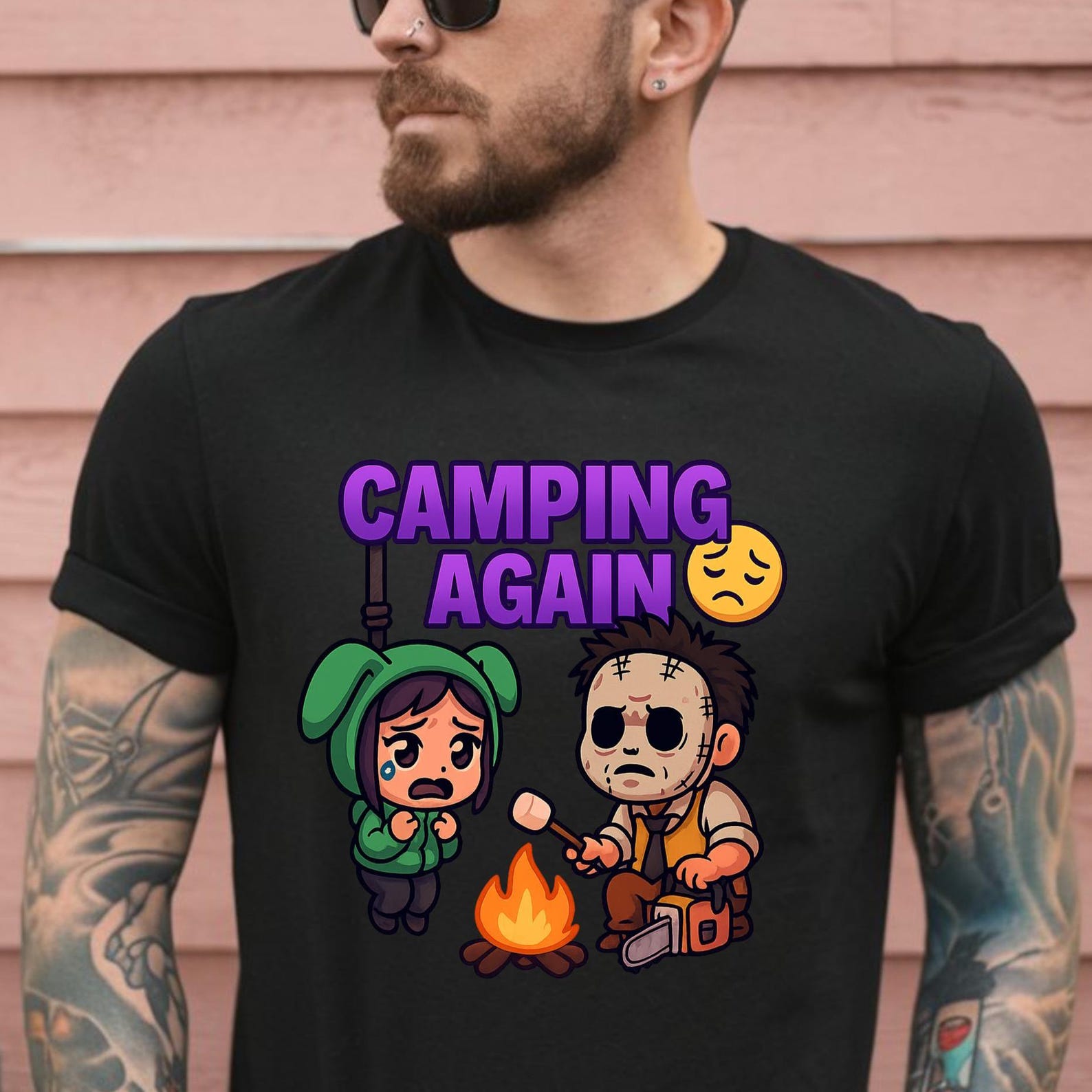 DBD, Funny DBD Shirt – Camping Again Meme – Chibi Bubba & Feng Min – DBD Shirt – Gift for Horror Gamers and Streamers 2XL
